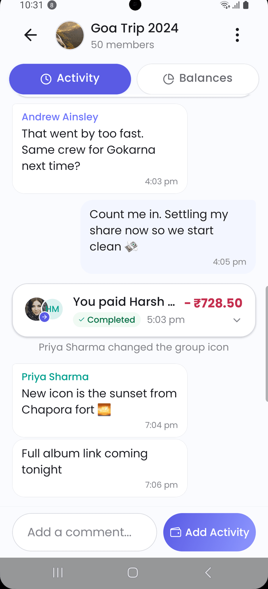 Group activity feed in Vyay